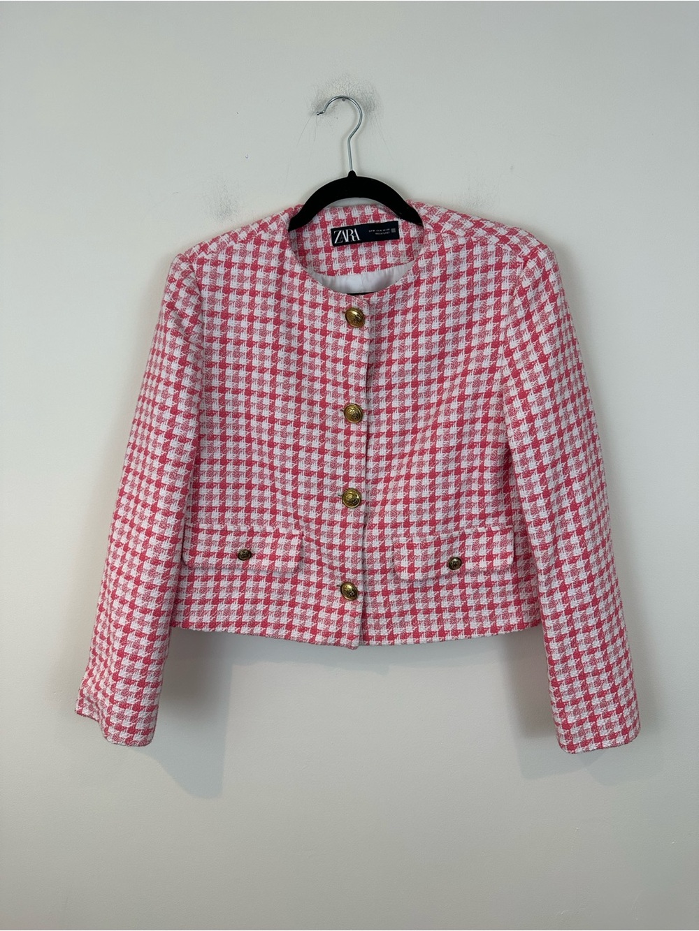 Zara Pink Houndstooth Cropped Tweed Blazer Jacket Gold Buttons Size Medium